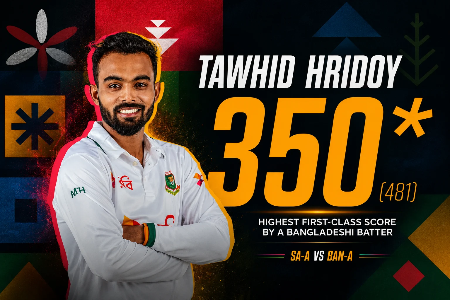 বাংলাদেশিদের মধ্যে সর্বোচ্চ অপরাজিত ৩৫০, তৌহিদ হৃদয়ের মহাকাব্যিক ইনিংস